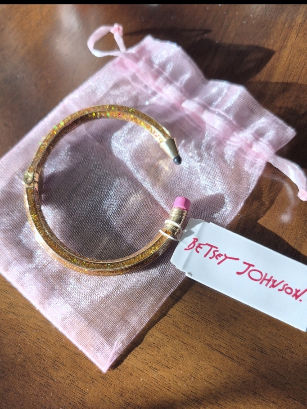 Betsey Johnson Pencil Hinged Bangle Bracelet Gold-tone & Glitter finish